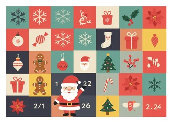 Christmas advent calendar, colorful squares, festive icons, holiday symbols, flat design, Santa Claus, snowflakes, gingerbread man, candy cane, Christmas tree, ornaments
