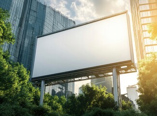 Blank Billboard in City Park Advertising Space Surrounded by Buildings