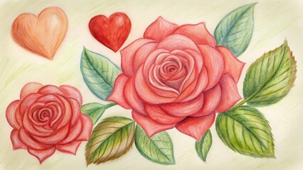 Beautiful Hand-Drawn Roses and Hearts Illustration Perfect for Romantic Themes and Floral Artwork