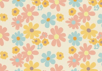 Colorful retro floral pattern, pastel daisies, seamless repeat, vintage textured background, cheerful springtime design, 1960s inspired, soft color palette
