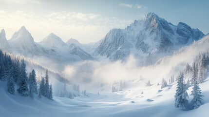 Obraz premium hidden snow valley in remote mountains, a secret paradise blanketed in white, untouched by humans, where silence and beauty dominate the landscape