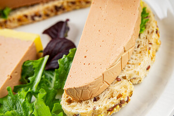 Liver mousse pate duck poultry meat tasty fresh delicious gourmet food background table rustic food...