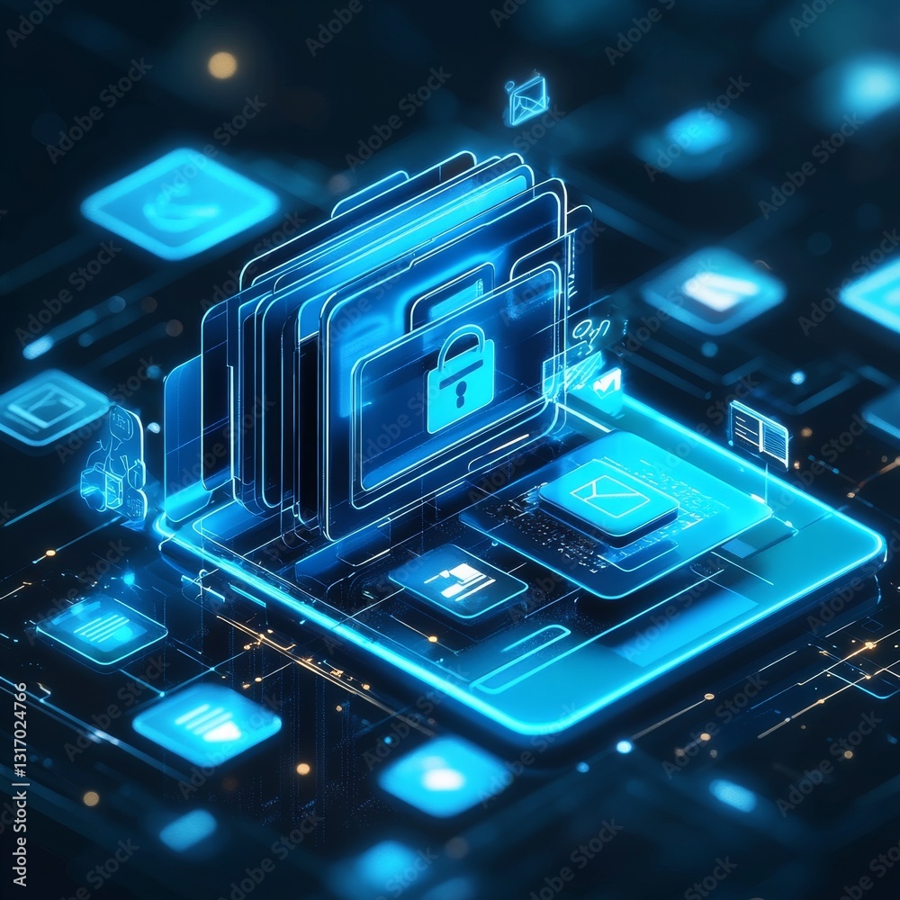 Leinwandbilder cybersecurity: abstract illustration of digital data protection with lock icon and glowing circuit b