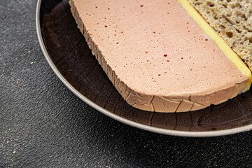 Liver mousse pate duck poultry meat tasty fresh delicious gourmet food background table rustic food...