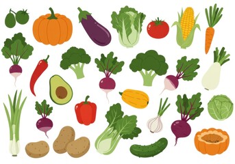 Colorful vegetable illustrations, flat design, vibrant colors, organic shapes, pumpkin, eggplant, tomatoes, corn, avocado, peppers, broccoli, onions, carrots, radishes