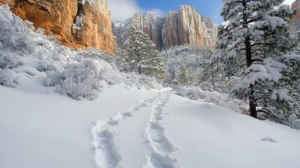 snow-covered alpine hiking trail, footprints marking the fresh powder, surrounded by rugged cliffs and towering pine trees dusted in white