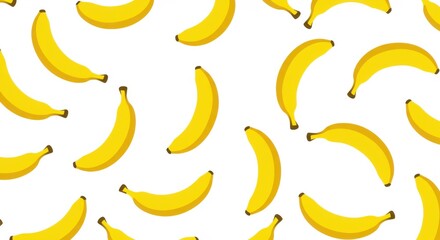 Bright yellow bananas, repeating pattern, white background, minimalist design, flat illustration style, vibrant colors, simple shapes, fruit motif, graphic design, playful