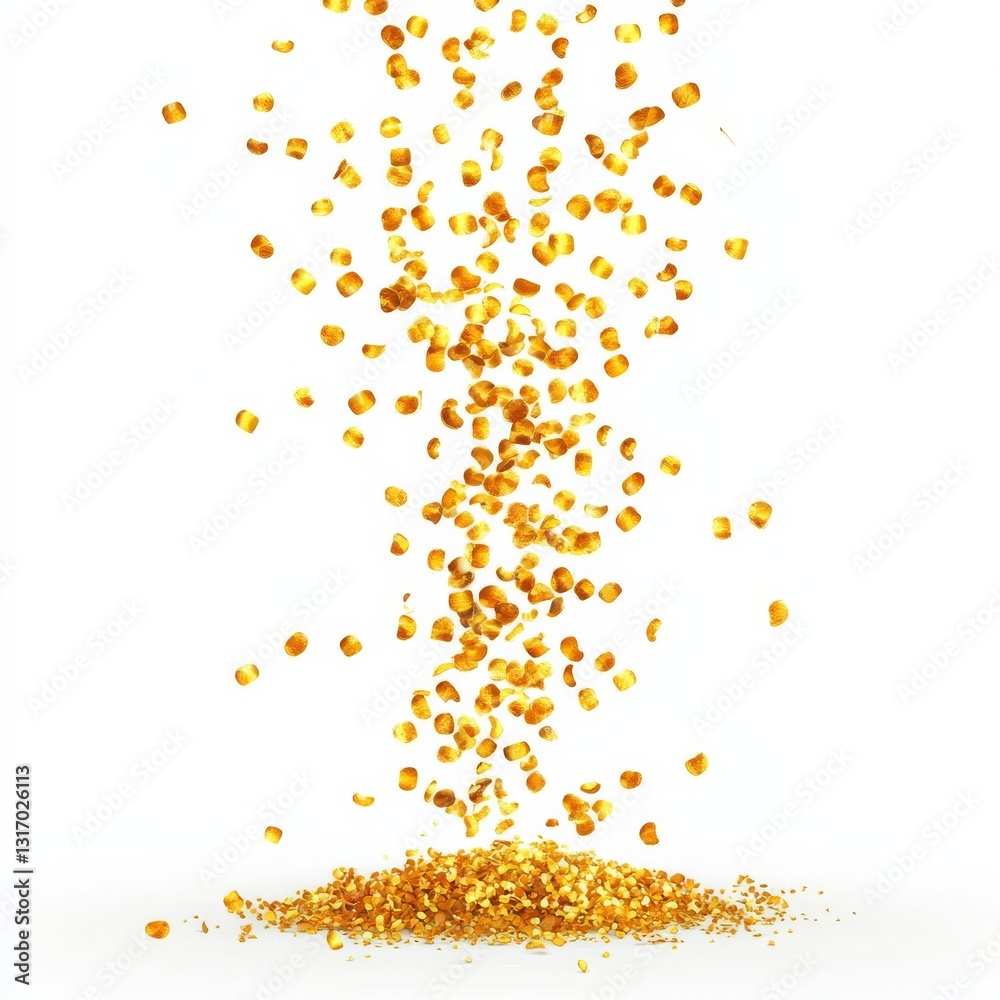Poster Falling Gold: Golden Particles Cascading Down to Form a Pile on a White Background, Creating a Dynamic and Textured Effect.