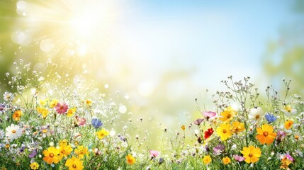 Fototapeta premium Radiant Spring Meadow Bursting with Colorful Wildflowers Under a Sunny Sky Capturing the Essence of Nature's Beauty in a Serene and Peaceful Ambiance