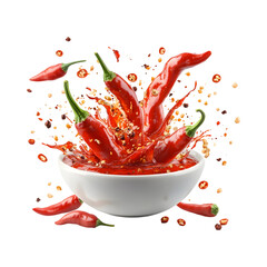 Bowl of Chilis with Ghost Pepper Sauce Splash Isolated on Transparent Background