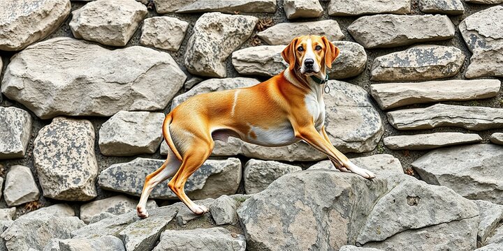Hellenic Hound on Rocky Outcrop - Stone Wall & Lichen