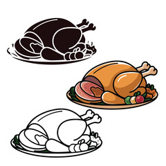 set of turkey, cooked turkey vector illustration outline coloring page silhouettes	