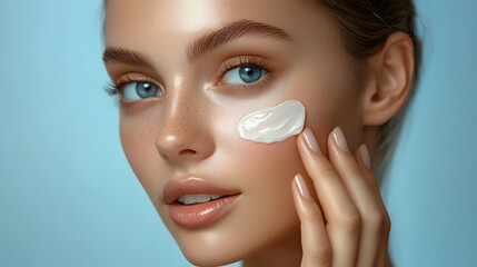 Woman focuses on skin care routine while applying cream to her face, showcasing healthy skin and beauty