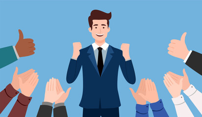 People congratulating colleague with success at work. Boss handshaking happy employee with respect, business team applauding at office meeting. Flat vector illustration isolated on white background