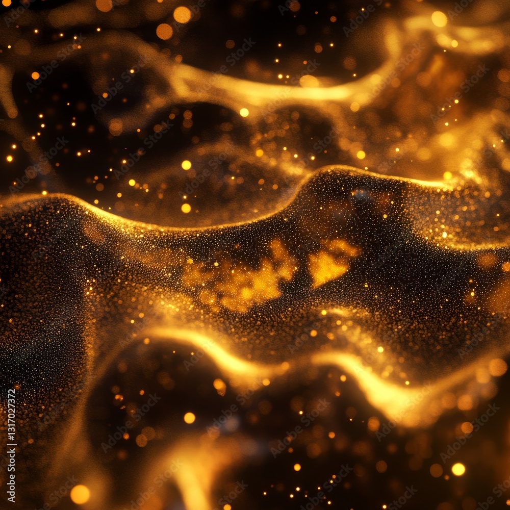 Poster golden dust waves: abstract particles flowing in warm light, glittering and sparkling against a dark