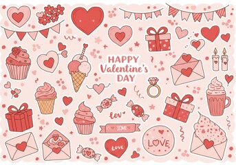 Valentine's Day stickers, love-themed illustrations, pink and red color palette, hearts, flowers, cupcakes, gift boxes, candles, ice cream cone, diamond ring