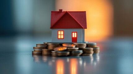 Debt Housing Burden Concept, Miniature House Model Surrounded by Stacked Coins Representing Real Estate Investment and Financial Growth
