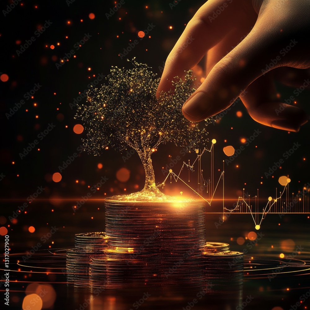Poster growing wealth: hand nurturing a golden tree on coins with rising stock chart in a dark, elegant set