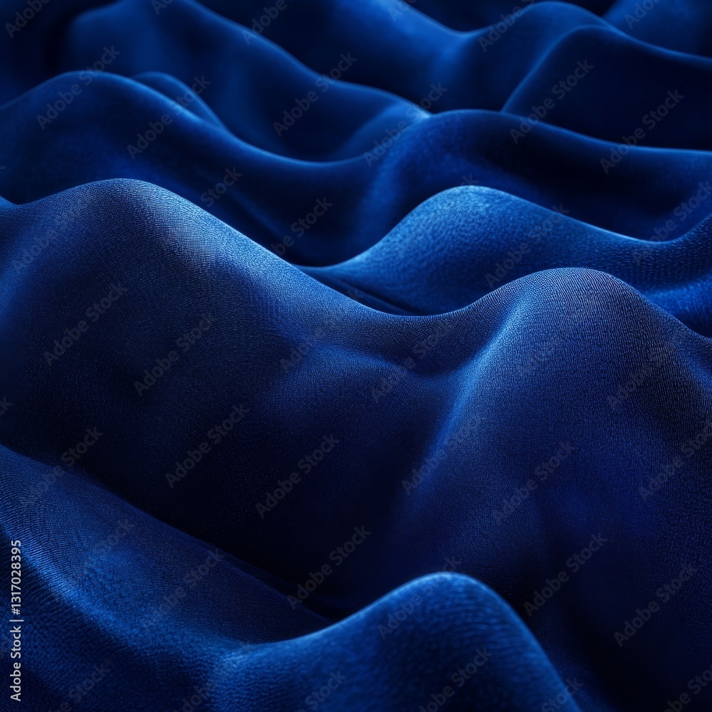 Poster Indigo Tides: Abstract Waves of Deep Blue Fabric Cascading in Smooth, Textured Formations with Soft Light and Shadow Play
