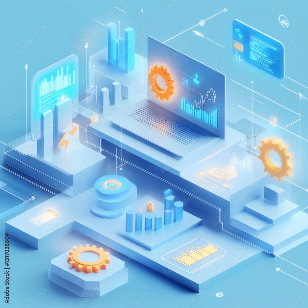 Fototapete isometric data analysis and automation visualization with laptop, graphs, and gears on blue backgrou