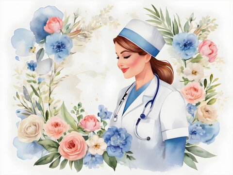 International nurse day greeting card with watercolor nurse floral decoration background