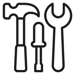 Minimalist line icon of a hammer, wrench, and screwdriver. Perfect for Labor Day, construction, repair, industry, and DIY projects. Ideal for engineering and mechanical themes.