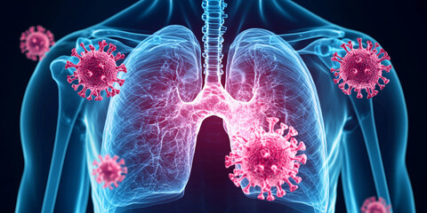 A digital illustration showing human lungs affected by viruses, emphasizing the impact of infections on respiratory health.