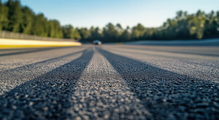 A ground-level view captures the tire tracks on an asphalt race track. A vehicle is blurred in the distance, beneath a clear sky and sunlight