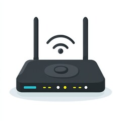 Modern Wireless Router with Antenna, LED Indicators, and WiFi Symbol on a White Background.