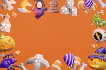 Halloween background with festive decorations on an orange backdrop. Suitable for Halloween party invitations, social media posts, and festive designs.