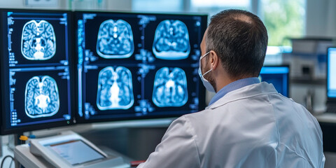 Fototapeta premium A medical professional analyzes multiple MRI scans on computer screens in a modern healthcare setting.
