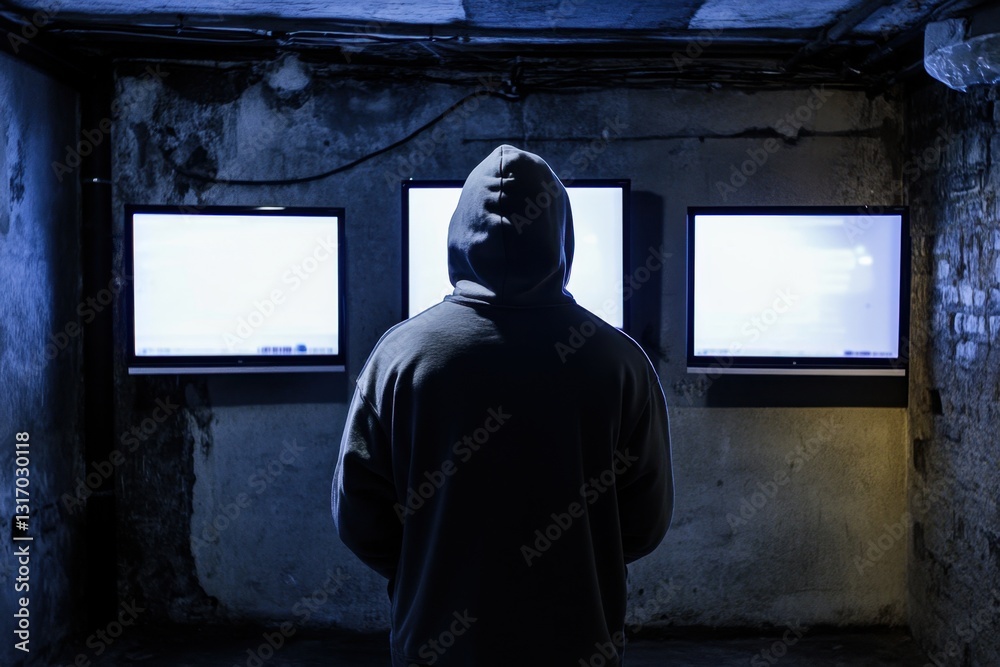 Poster hacker with a hoodie in a cellar .a man in a hoodie stands before three televisions, each displaying