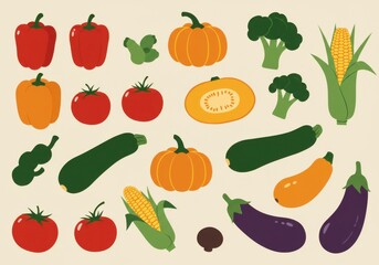 Fototapeta premium Colorful vegetable illustrations, minimalist design, flat graphic style, pastel background, red bell peppers, orange squash, tomatoes, green zucchini, yellow corn, purple