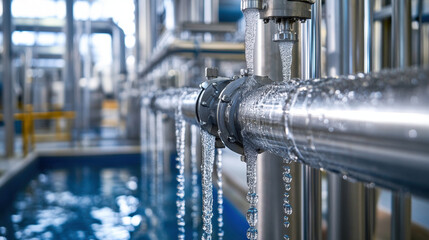 Water drips from shiny pipes in a factory. Possible leak or condensation.