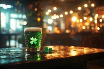 A Glass of Beer with a Shamrock on Wooden Bar Table for St. Patrick's Day Celebration.