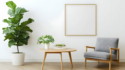 Modern Minimalist Interior Design Living Room Scene with Wooden Furniture Potted Plants and Blank Frame Mockup on White Wall