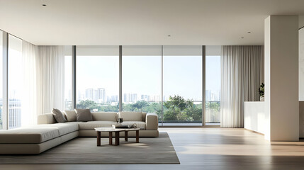 Modern Living Room Interior With City View In Natural Light Bright Neutral Colors Large Windows White Curtains and Sectional Sofa in Upscale