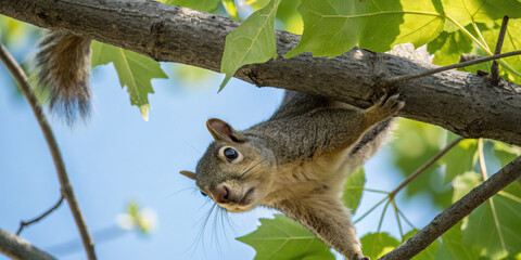 squirrel hanging upside down on tree branch surrounded by green leaves