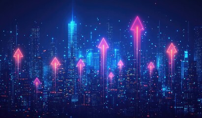 Vibrant digital cityscape with upward arrows symbolizing growth and progress at night