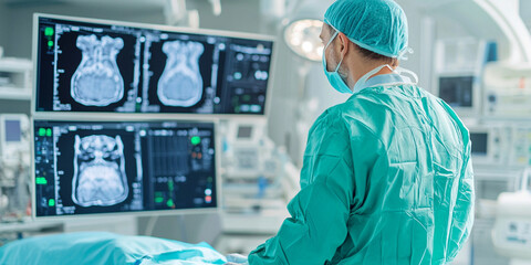 A healthcare professional in scrubs analyzes medical imaging data on screens in a modern operating room setting.