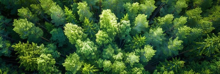Fototapeta premium Aerial view of lush green forest with summer trees in rural landscape
