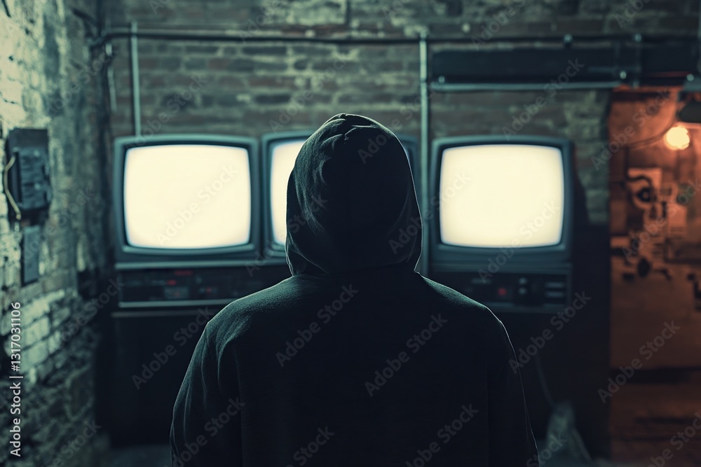 Poster hacker with a hoodie in a cellar .a man in a hoodie stands before three televisions, each displaying