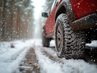 Naklejka premium Red Vehicle Tire Tracks in Snowy Forest Road during Winter Season with Falling Snowflakes
