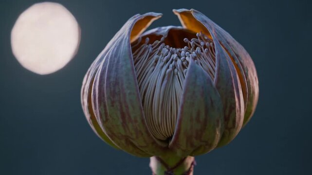 Luminous Gustavia Superba flower unfolding during moonlit nocturnal hours, revealing delicate petals against shadowy background of tropical nightscape