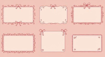 Hand-drawn frames, delicate red outlines, Valentine's Day borders, heart shape, rectangular frames, ornate swirls, bow decorations, scalloped edges, dainty details