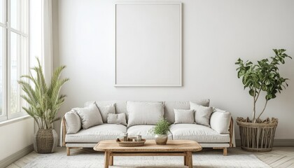 Living room interior with white walls beige sofa wooden table and vibrant green plants near the window