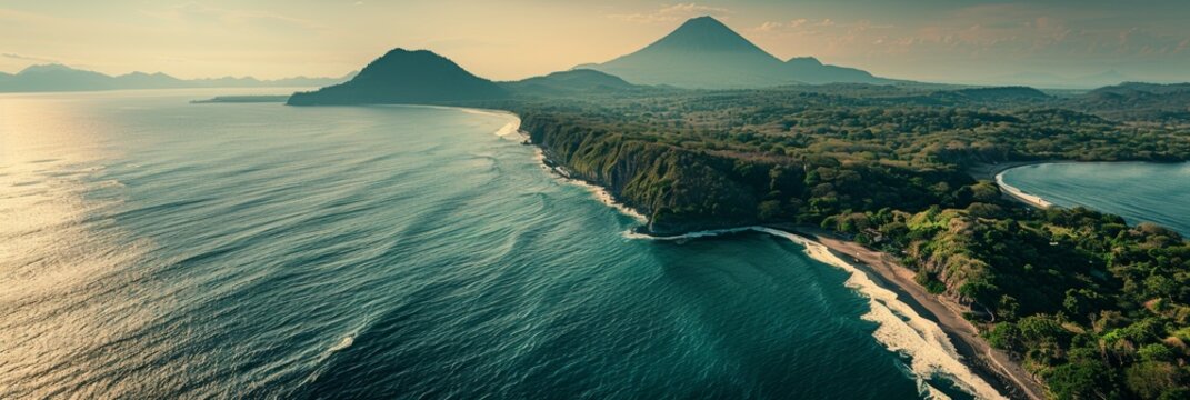 Aerial View of Volcanic Island Coastline with Clear Blue Waters and Rocky Shores in Mexico