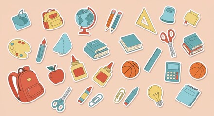 Colorful school supplies stickers, pastel background, flat design, vector illustration, cute stationery items, backpack, globe, books, pencils, paintbrush, ruler, calculator