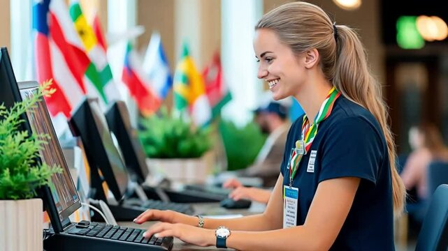  A young female receptionist at an international event desk working on a computer with multiple country flags in the background. Concept of global networking, hospitality, and multilingual support.