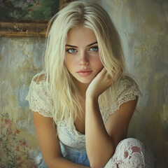 Fototapeta premium portrait of a young girl with platinum blonde hair and expressive blue eyes 